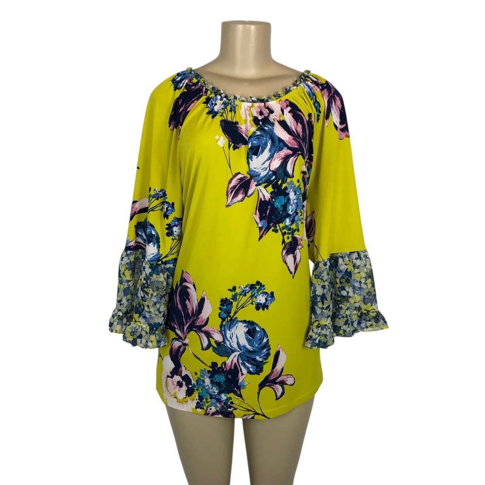 Susan Graver Floral Print Bell‎ Sleeve Liquid Knit Tunic Top XL Boho Multicolor